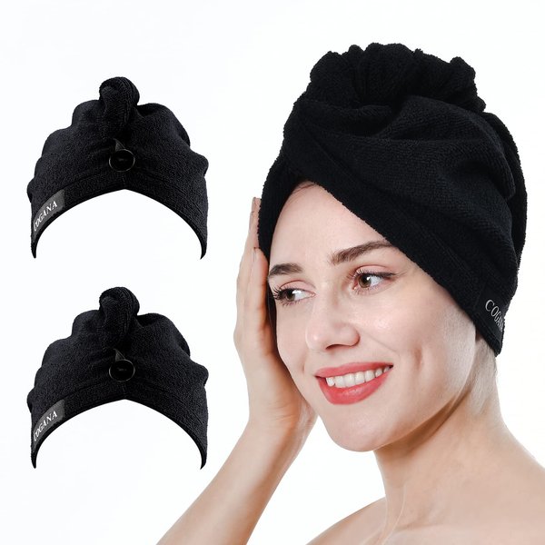 COGANA 2Pack Microfiber Hair Towels, Hair Towel Wrap for Women, Hair Drying Towel with Button, Hair Wrap Towel for Curly Hair, Hair Turban for Wet Hair(10Wx28L, Black)