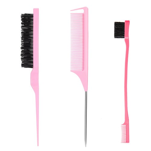Hair Styling Comb Set 3PCS, Teasing Hair Brush, Rat Tail Comb Edge Brush, Hair Tail Tools for Women Girls Kids Braiding Backcombing Styling (Pink)