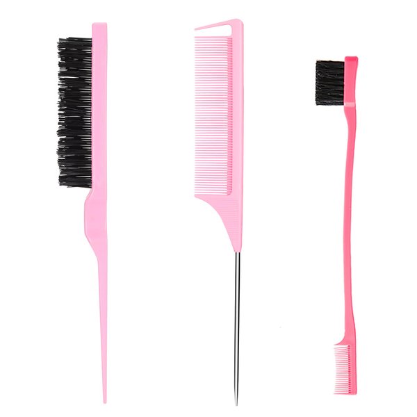 Hair Styling Comb Set 3PCS, Teasing Hair Brush, Rat Tail Comb Edge Brush, Hair Tail Tools for Women Girls Kids Braiding Backcombing Styling (Pink)