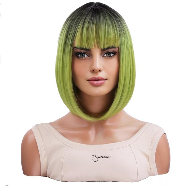 MAGQOO Green Wig for Women Girls Matcha Green Wig Short Straight Bob Ombre Green Wig with Bangs Synthetic Heat Resistant Halloween Cosplay Costume