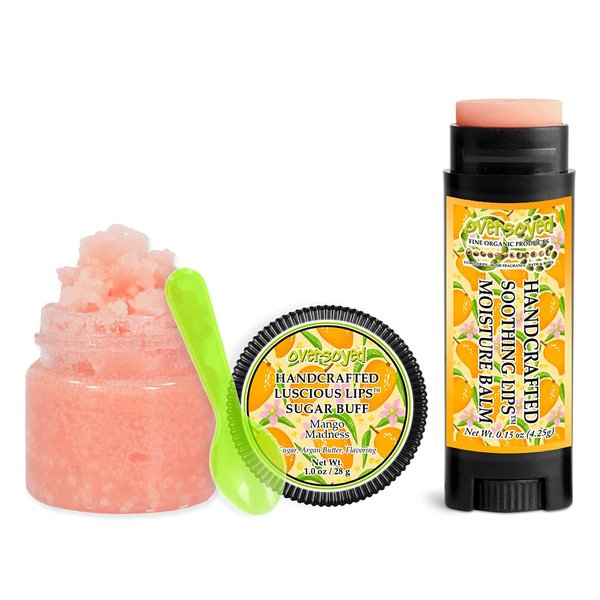 Mango Madness Soothing & Luscious Lips by OverSoyed Exfoliator & Chapped Lip Repair Lip Care Combo | Artisan Handcrafted to Order Tropical Citrus Sweet Mango Flavored Exfoliating Sugar Lip Scrub & Lip Moisturizer Balm Gift Set
