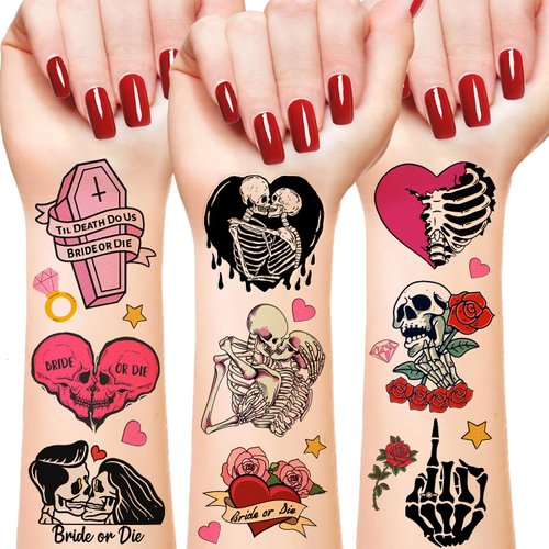 192 PCS Til Death Do Us Temporary Tattoos Stickers Gothic Halloween Sticker for Bridal Shower Supplies Bride or Die Bachelorette Party Decorations Gifts Ideal Prizes Valentine (16 Sheet)