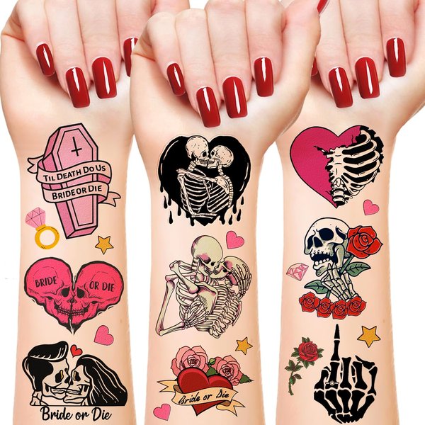 192 PCS Til Death Do Us Temporary Tattoos Stickers Gothic Halloween Sticker for Bridal Shower Supplies Bride or Die Bachelorette Party Decorations Gifts Ideal Prizes Valentine (16 Sheet)