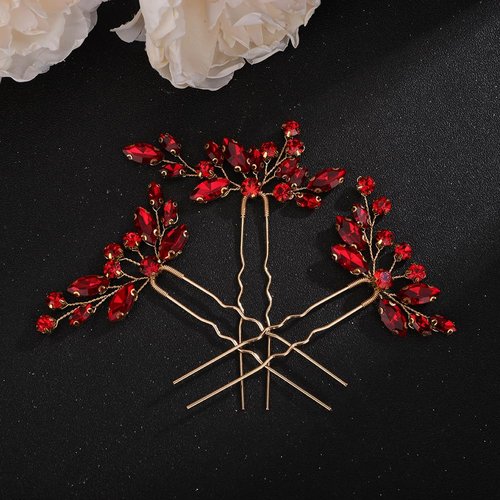 Teyglen 3pcs Crystal Bride Wedding Hair Pins Bridal Red Rhinestone Hair Pins Set Handmade Blue Black Red Crystal Hair Pieces Wedding Hair Accessories for Bride Women Girls (Red)