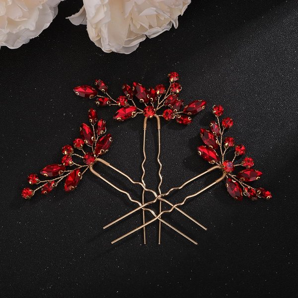Teyglen 3pcs Crystal Bride Wedding Hair Pins Bridal Red Rhinestone Hair Pins Set Handmade Blue Black Red Crystal Hair Pieces Wedding Hair Accessories for Bride Women Girls (Red)