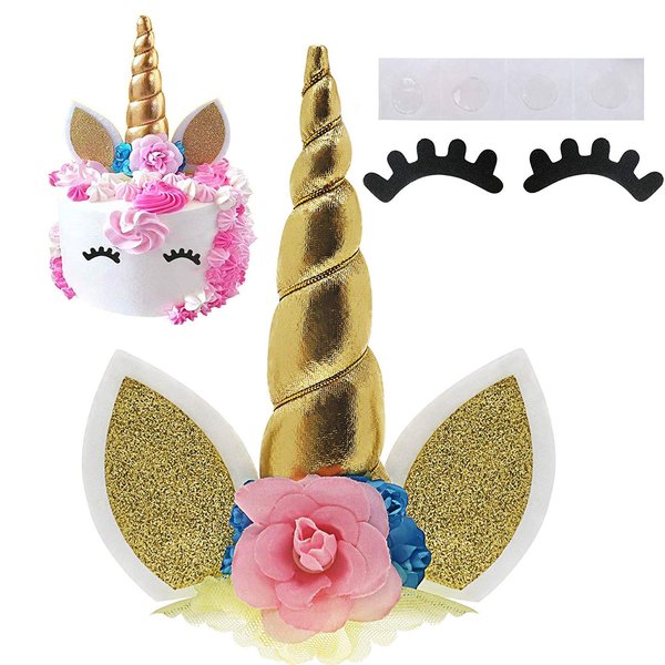 Unicorn Cake Topper with Eyelashes/Gold Unicorn Horn, Ears and Flowers for Birthday Wedding Baby Shower Party Cake Decoration