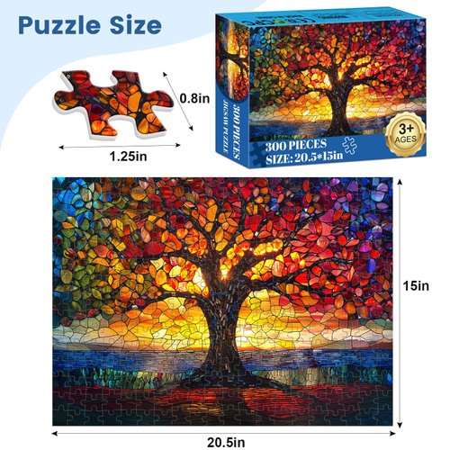 Stained Glass Puzzle, Glass Tree Puzzles for Adults 300 Pieces, Stained Tree of Life Puzzle 300 Pieces, Creative Games and Holiday Party Gifts, Fun and Challenging Family Games, 20.5 x 15 inches