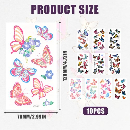 10 Sheets/99pcs Butterfly Temporary Tattoos, Colorful Butterfly Tattoo Stickers Waterproof Cute Butterfly Tattoo for Girls Women Daily Makeup Birthday Party Carnival