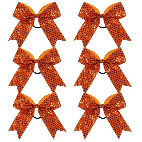 Cheer Bow Sequin 6 Inch 6 Pcs Bling Fling Cheerleader Cheerleading Jumbo Cheer Bow Hair Tie Hair Bow School (Orange)