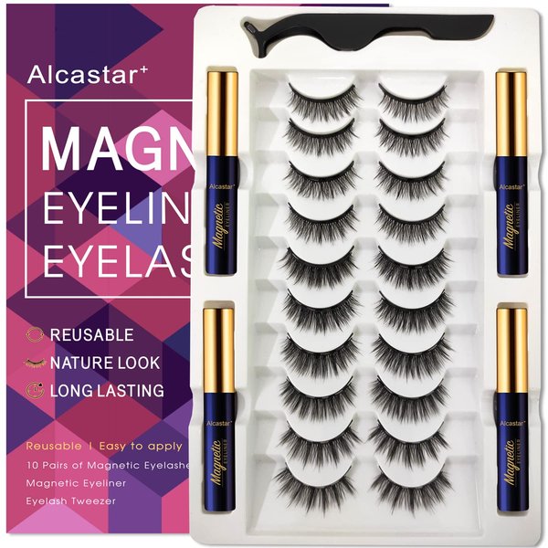 Alcastar+ Magnetic Eyelashes with Eyeliner Kit - magnetic lashes and eyeliner - updated 3D natural looking,long-lasting,10 pairs KIT 011 ATZ1004A1+01 0