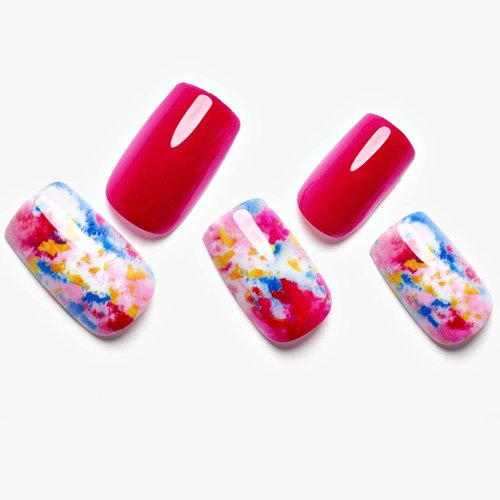 GLAMERMAID Press on Nails Medium Square, Red Watercolor Glue on Gel Nails, 24Pcs Short Square Reusable UV Finish Fake Nails Acrylic False Nails Manicure Kits for Women Gifts