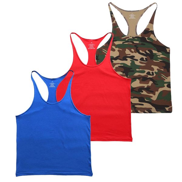 Muscle Alive Blank Bodybuilding Stringer Tank Tops Men Cotton Size L Blue Red Camo 3 Packs