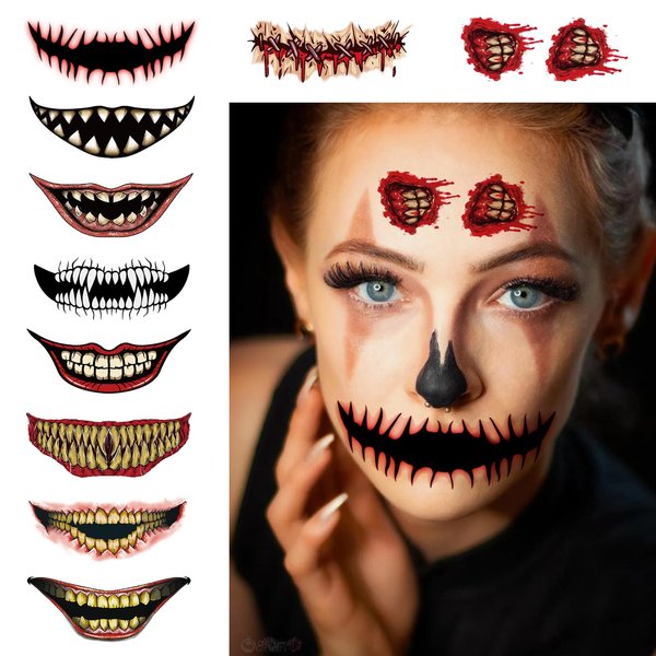 Generic Halloween Temporary Horror Scary Mouth Tattoo Stickers Women Adults Makeup Face Funny Decorations Accessories Masquerade Party Props