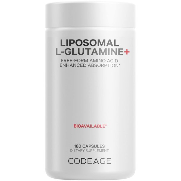 Codeage L-Glutamine 1000mg Supplement, Free-Form Amino Acid Glutamine, Liposomal Delivery for Enhanced Absorption, 3-Month Supply, Vegan & Non-GMO, Gut Health, Immune, Muscles Support, 180 Capsules