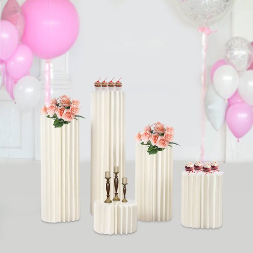 DONNGYZ Foldable Paper Columns 5 Pcs Display Pedestals, Cream White Wedding Centerpieces Display, Cylinder Flower Stand, Paper Roman Pillar for Engagement Birthday Party Decoration - S+M+L+XL+XXL