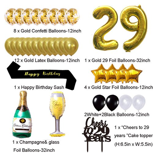 Gold 29th Birthday Decorations kit, Cheers to 29 Years Banner Balloons,29th Cake Topper Birthday Sash, Gold Tinsel Foil Fringe Curtains, for 29 Birthday&Anniversary Decorations