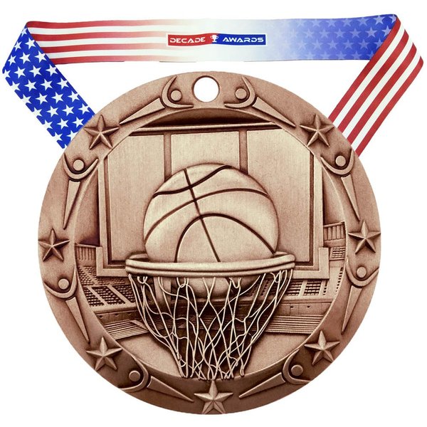 Decade Awards Basketball World Class Engraved Medal, Bronze - 3 Inch Wide Hoops Third Place Medallion with Stars and Stripes American Flag V Neck Ribbon - Customize Now