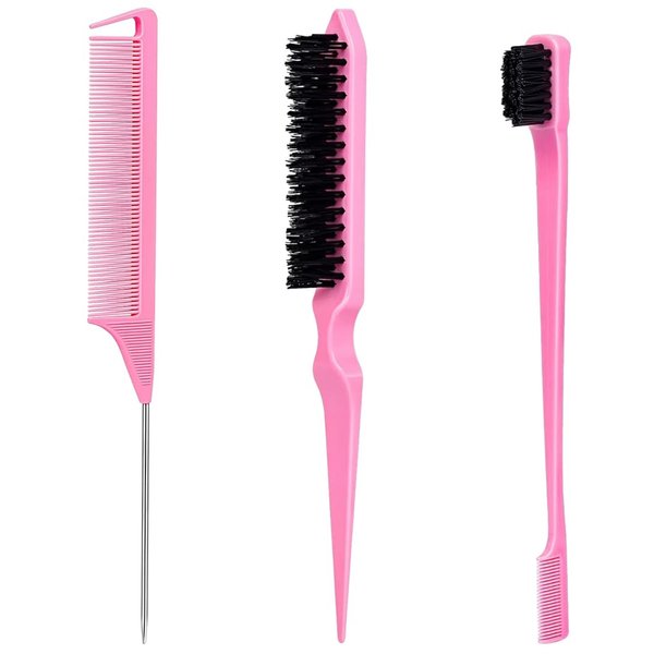 Edge Brush, Slick Back Hair Brush, Hair Accessories Comb Set 3Pcs, Rat Tail Comb for Parting Hair, Teasing Comb for Add Volume Fullness, Edge Brush for Edge Control Black Hair