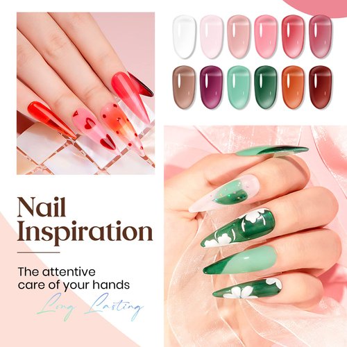 MIZHSE Jelly Gel Nail Polish Set 12 Color, Clear Translucent Spring Gel Polish 7ml, Sheer Manicure Kit UV LED Soak Off Varnish for Home Salon Gift