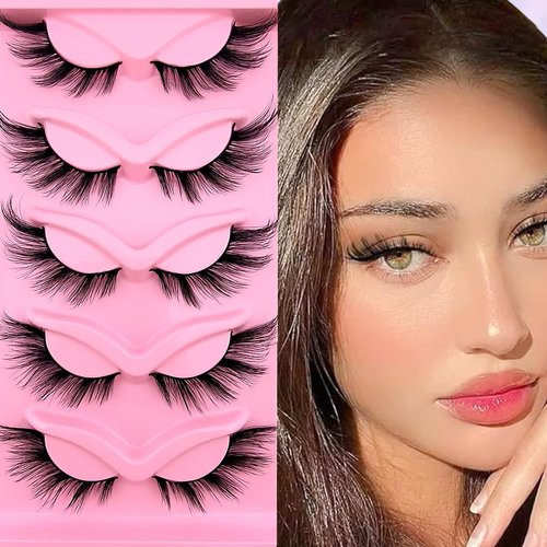 Fox Eye Lashes Wispy Eyelashes 21mm Long Cat-Eye Lashes Angel Wing Lashes Faux Mink False Eyelashes Natural Look 5 Pairs pack(XF03)