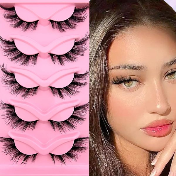 Fox Eye Lashes Wispy Eyelashes 21mm Long Cat-Eye Lashes Angel Wing Lashes Faux Mink False Eyelashes Natural Look 5 Pairs pack(XF03)