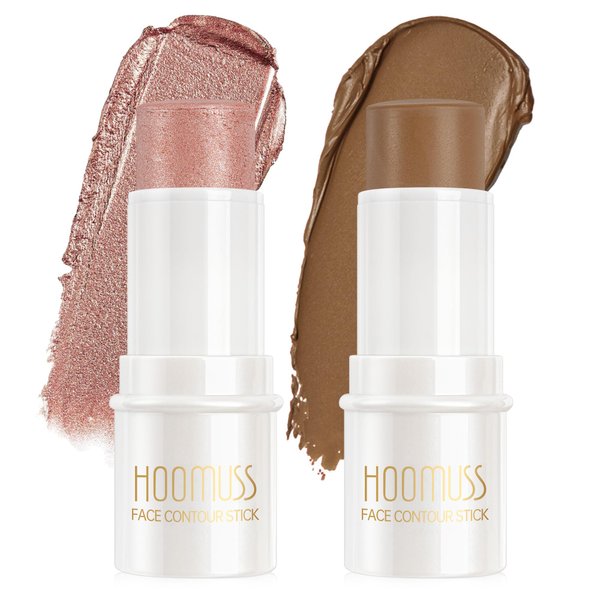 2Pc Cream Contour Sticks Makeup, Hightlighter Makeup + Bronzer Stick, Waterproof Cream Contouring Pen Non Stick Non Greasy, Long Lasting Lightweight Finish Face Makeup Kit, Light-Medium