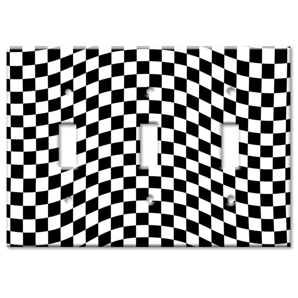 Art Plates - Triple Gang Toggle OVERSIZE Switch Plate - OVER SIZE Decorative Metal Wall Plate - Checkered Flag - (Made in USA)