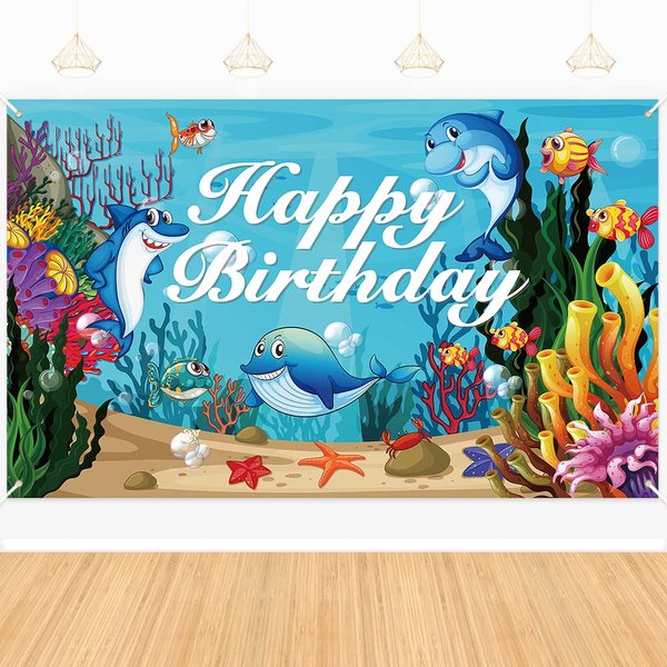 Under The Sea Backdrop Birthday, Ocean Animal Theme Happy Birthday Backdrop Background, Dolphin Shark Birthday Party Decoration Backdrops for Kids Boys Girls(6x3.6ft)