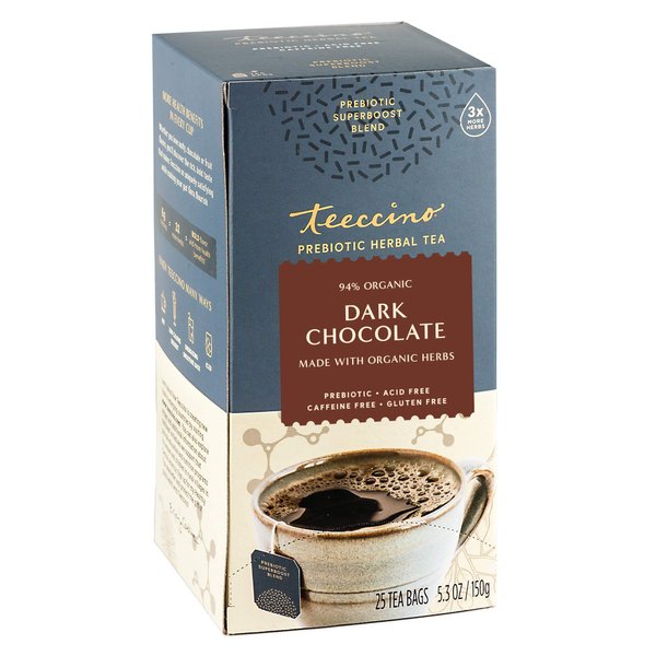 Teeccino Dark Chocolate Prebiotic Superboost™ Herbal Tea - Support Your Probiotics with Vegan GOS & Organic XOS for Good Gut Health and Regularity, 25 Tea Bags (Pack of 1)