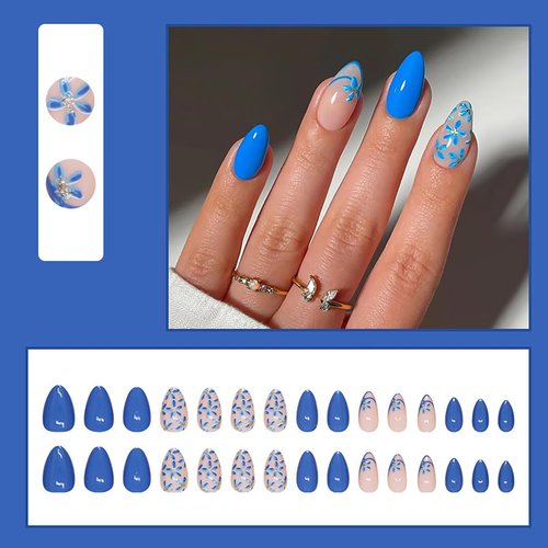 30Pcs Flower Press Ons French Tip Press on Nails Short Almond Fake Nails Blue Glossy Full Cover Design Acrylic Nails Spring Summer Short False Nails Reusable Glue on Nails Set for Women Girls