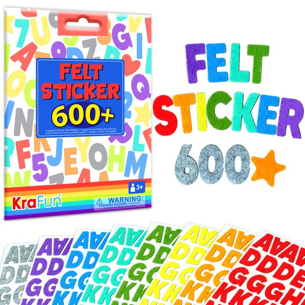 KRAFUN Felt Sticker Kit for Beginner Toddlers, Kids Arts & Crafts, Pack of 600 Assorted Scrapbook Stickers Alphabets, Numbers, Fun Shapes, Preschool, Children Early Learning, self Adhesive