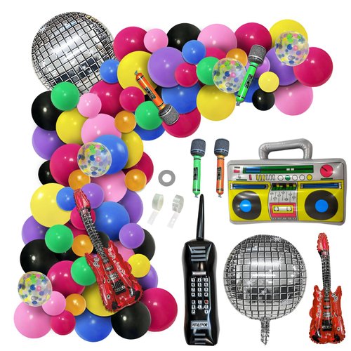 JULLIZ 126pcs 80s 90s Theme Party Decorations, Balloon Garland Kit, 6pcs Inflatable Disco Ball Retro Mobile Phone Guitar Microphone Radio Boom Box Balloons, for Back to 80s 90s Hip Hop Party Supplies