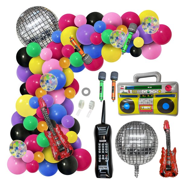 JULLIZ 126pcs 80s 90s Theme Party Decorations, Balloon Garland Kit, 6pcs Inflatable Disco Ball Retro Mobile Phone Guitar Microphone Radio Boom Box Balloons, for Back to 80s 90s Hip Hop Party Supplies