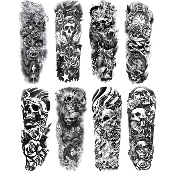 Skull Sleeve Tattoo Stickers Fake Black Skull Full Arm Temporary Tattoos Sleeves for Adult Kids Women Makeup, 8-Sheet