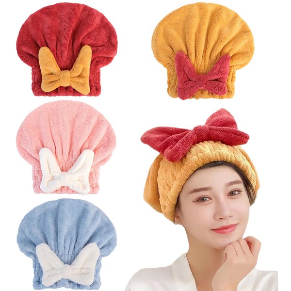 YUMINGUHC 4Pcs Super Absorbent Hair Towel Wrap Soft Microfiber Hair Plopping Towel Bow Tie Hair Quick Drying Caps Turban Wrap for Wet Hair Long Thick Curly Hair Bath Accessories (Mixed Colors)