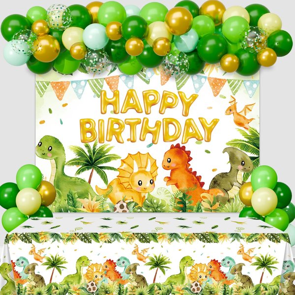 Dinosaur Birthday Decorations Dinosaur Balloons Garland Kit,Happy Birthday Dino Backdrop,Dinosaur Tablecloth for Kids Jungle Safari Dinosaur Birthday Party Supplies