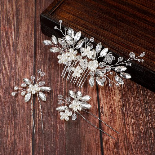 3 Pieces Bride Wedding Hair Pins Bridal Rhinestone Hair Clips Pearl Hair Combs Wedding Hair Accessories Elegant Hair Pieces for Women Girls Hair Decoration Supplies, 3 Types (Silver)