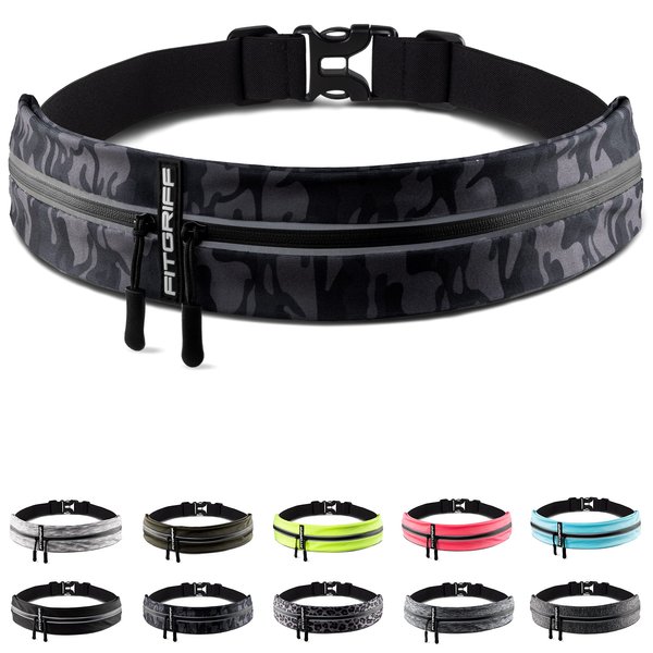 Fitgriff Running Belt for Men & Women - Secure Jogging Pouch for Phone, Keys & Essentials - For All Cell Phones (for 25" - 43" Waist Size, Camo-Black)