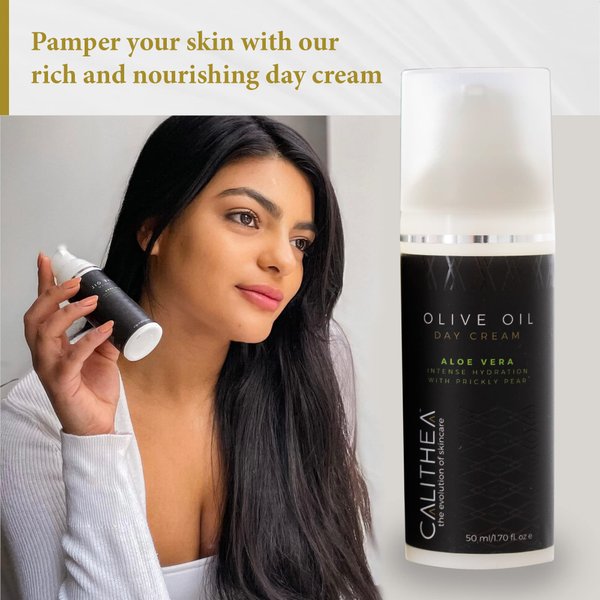 Calithea Olive Oil Day Cream. Facial Moisturizer for Healthy, Glowing Skin. Hydrating Lotion with Aloe Vera, Glycerine, Honey, Jojoba, Prickly Pear - For All Skin Types
