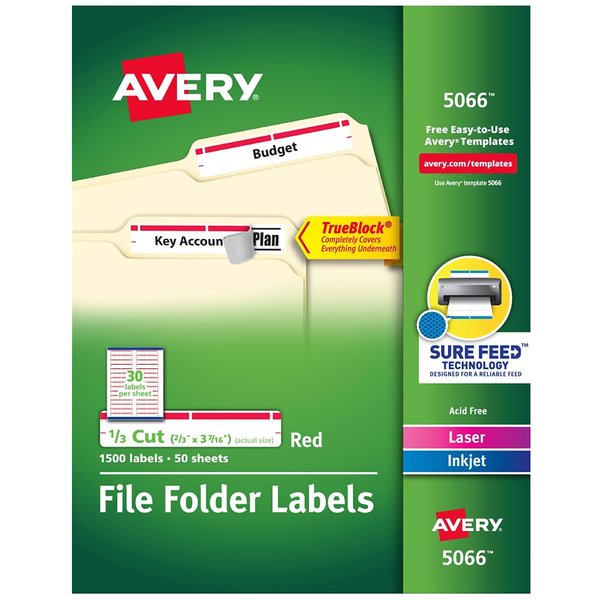 Avery 5066 Permanent Filing Labels, 1/3 Cut, 1500/BX, Red