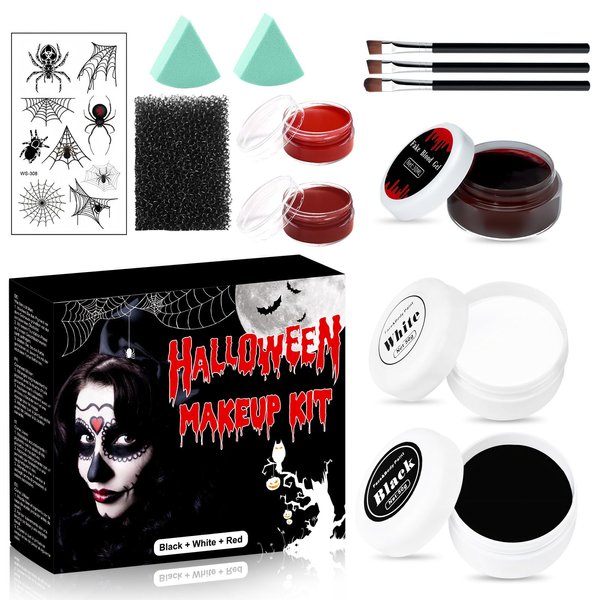 Ganbaro® Face Painting for Halloween Face Makeup Kit with Tools Oil Based Black White Red Body Painting Liquid Fake Blood Paste Painting Cosmetic Bag for Halloween, Art Cosplay, Dress Up Party