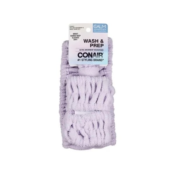 Conair Face Wash, Wash & Prep Ultra Absorbent Microfiber 3 PC Spa Headwrap & Wrist Band Set, Lghit Purple