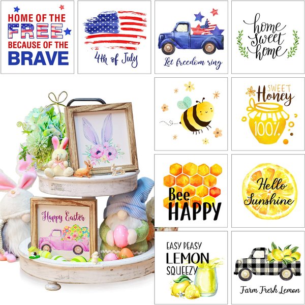 Yulejo Farmhouse Home Decor Signs 3 Frames with 42 Interchangeable Sayings Seasonal Tiered Tray Decoration Spring Centerpiece Holiday Sayings Rustic Home Decor Frames Sign for Living Room Bedroom Wall