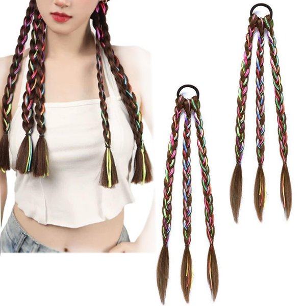 AsggBah 2 Packs Braided Ponytail Extension with Hair Tie Colored Box Braids Synthetic Wig Ponytail for Women Girls with Rubber Bands