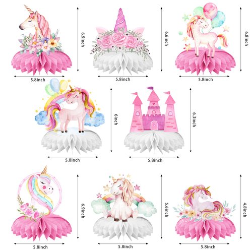 Unicorn Birthday Decorations - 8 Pieces Cute Rainbow Unicorn Honeycomb Centerpieces for Kids Girls Boys Happy Birthday Party Supplies