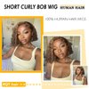 RQY Highlight Curly Bob Wig Human Hair Short Curly Blonde Brown Human Hair Wig(10inch) 4x4 Glueless Lace Front Wigs Human Hair Honey Blonde Brown Ombre Human Hair Wigs for Black Women 150% Density