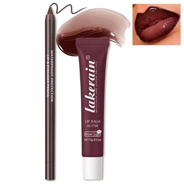 HOSAILY Glossy Lip Butter Balm Moisturizing Conditioning Lip Care Day & Night Repair Brown Sugar Soothe Hydrating High Shine Tinted Lip Glowy Mask for Dry Chapped Cracked Lips Gloss with Lip Liner Set