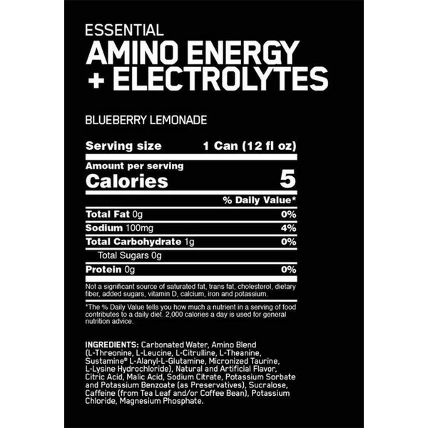 Optimum Nutrition Amino Energy Sparkling Hydration Drink, Electrolytes, Caffeine, Amino Acids, BCAAs, Sugar Free, Blueberry Lemonade, 12 Fl Oz, 1 count (Packaging May Vary)