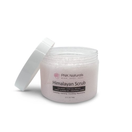 PNK Naturals Himalayan Salt Body Scrub Polish Infused with Collagen+Stem Cell+Sweet Almond Oil+Grapefruit Scent- Natural Exfoliating Salt Scrub for Acne, Cellulite, Deep Cleansing, Scars, Wrinkles, Exfoliate and Moisturize Skin 12 oz