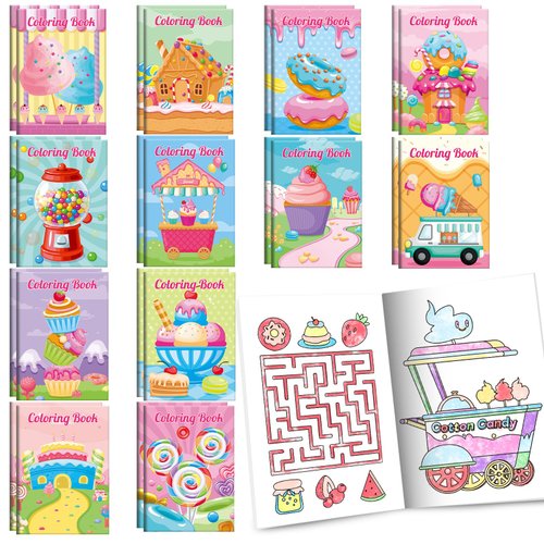 BenLouis 24 Pcs Sweet Mini Coloring Books Kids Candyland Donut Ice Cream Party Favors Small Activity Books Bulk for Kids Treats Desserts Birthday Goodie Bags Stuffers Return Gifts Classroom Travel